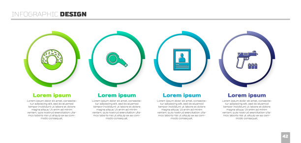 设置甜甜圈，哨子，通缉海报和手枪或枪。业务信息图模板。向量图片下载
