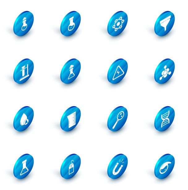 设置试管和烧瓶化学，化学配方，漏斗过滤器，上架，水滴，细菌和高压标志图标。向量图片下载