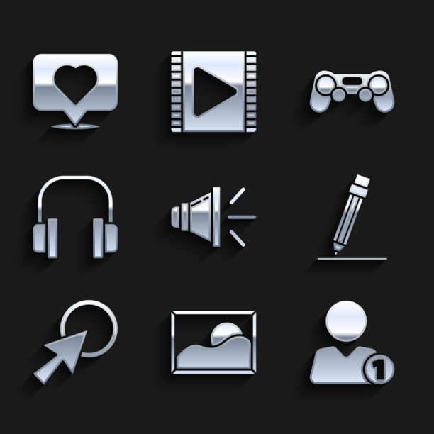 设置扬声器音量、图片横向、添加到好友、带橡皮擦的铅笔、箭头光标、耳机、手柄和点赞心形图标。向量图片下载