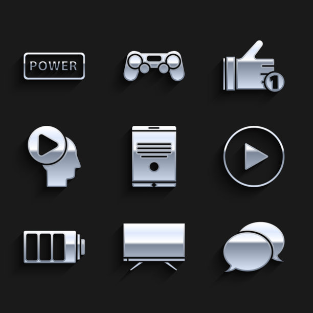 设置平板电脑，智能电视，语音泡泡聊天，播放圈，电池电量指示灯，头部人与播放按钮，手像和电源图标。向量图片下载