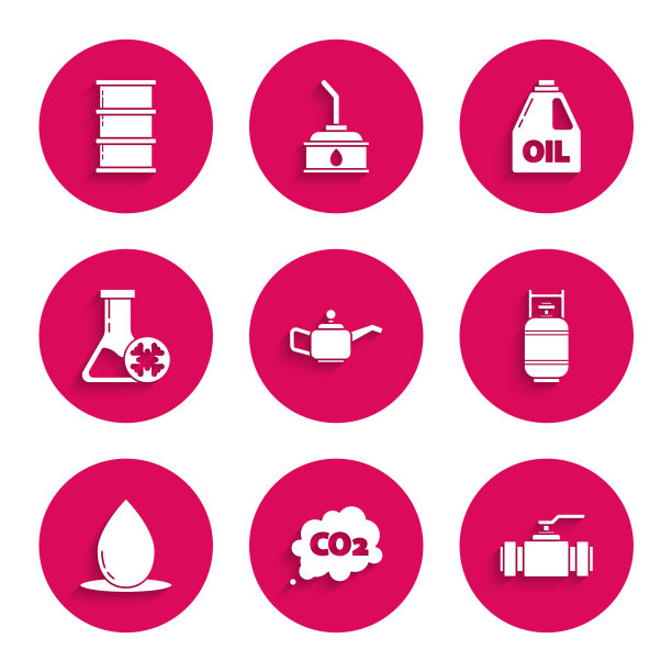 发动机油罐、二氧化碳排放云、工业金属管道和阀门、丙烷气罐、油滴、防冻液试管和桶图标设置，矢量图图片下载