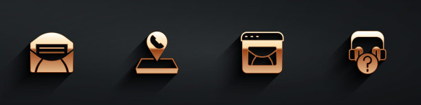 设置邮件和电子邮件、呼叫中心位置和带长阴影问题图标的耳机。向量图片下载