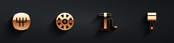 设置换挡，汽车合金车轮，汽车气泵和发动机活塞图标长阴影。向量图片下载