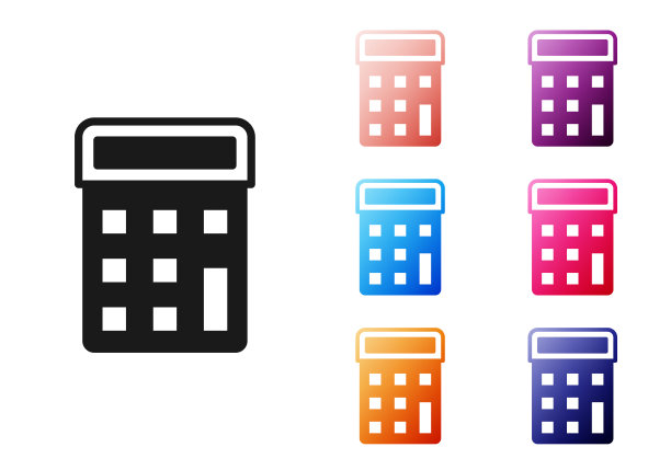黑色计算器图标隔离在白色背景上。会计的象征。商业计算、数学教育和金融。设置彩色图标。向量图片下载