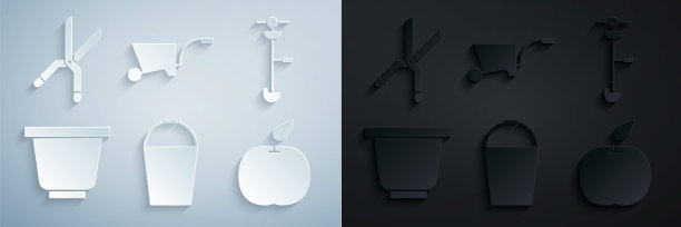 集桶，草和杂草电动线修剪器，花盆，苹果，手推车和园艺手工剪刀图标。向量图片下载