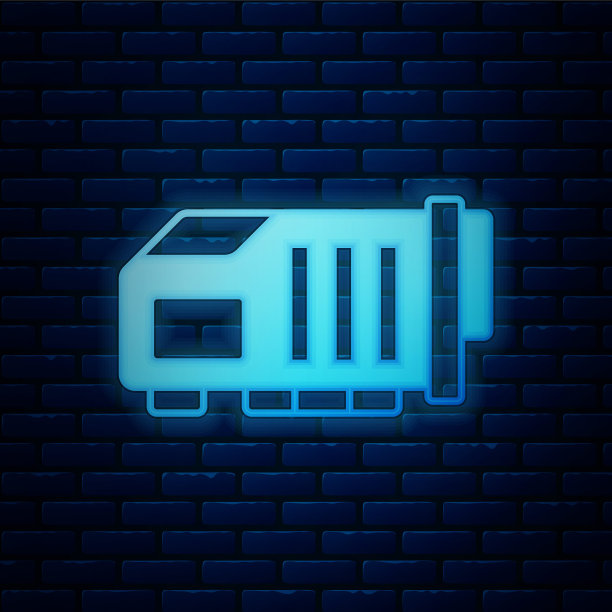 发光的霓虹灯视频显卡图标隔离在砖墙背景。向量图片下载