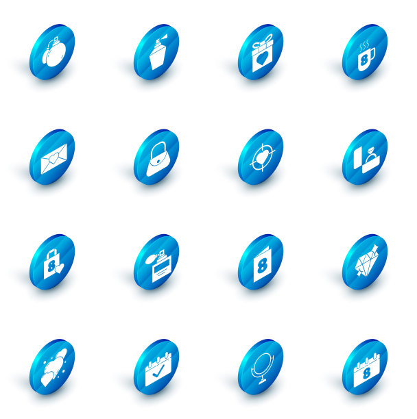 设置香水，礼盒和心脏，咖啡杯与3月8日，信封，购物袋，手提包，钻石订婚戒指和心脏的中心目标瞄准图标。向量图片下载