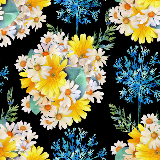 洋甘菊花束与田野花无缝模式。图片下载