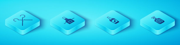 设置等距烧烤串，厨房围裙，酱瓶和番茄酱图标。向量图片下载