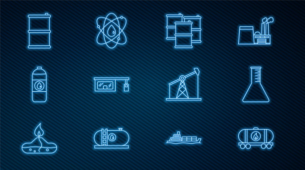 设置线路油路贮油箱、汽油试管、桶油、加油站、电机罐、水泵千斤顶和Atom图标。向量图片下载