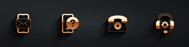 设置手机和信封，电话24小时支持，耳机图标长阴影。向量图片下载