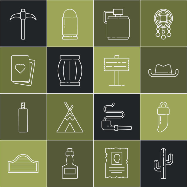 设定线仙人掌，牙齿，西部牛仔帽，水壶，枪火药桶，纸牌，鹤嘴锄和道路交通标志图标。向量图片下载