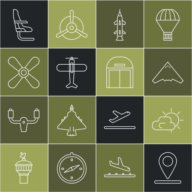 设置线位置，太阳和云天气，喷气式战斗机，火箭，飞机，螺旋桨，飞机座位和飞机机库图标。向量图片下载