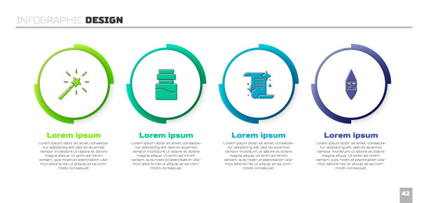 设置魔法棒，药水瓶，古代魔法书和巫师术士。业务信息图模板。向量图片下载