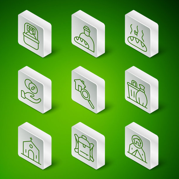 集线游客帐篷，徒步旅行背包，睡袋，搜索房子，捐赠手与钱，喂养无家可归者，教堂建筑和垃圾桶图标。向量图片下载