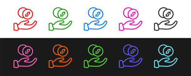 设置线捐款手与金钱图标隔离在黑白背景。手给钱作为捐赠的象征。捐钱和慈善理念。向量图片下载