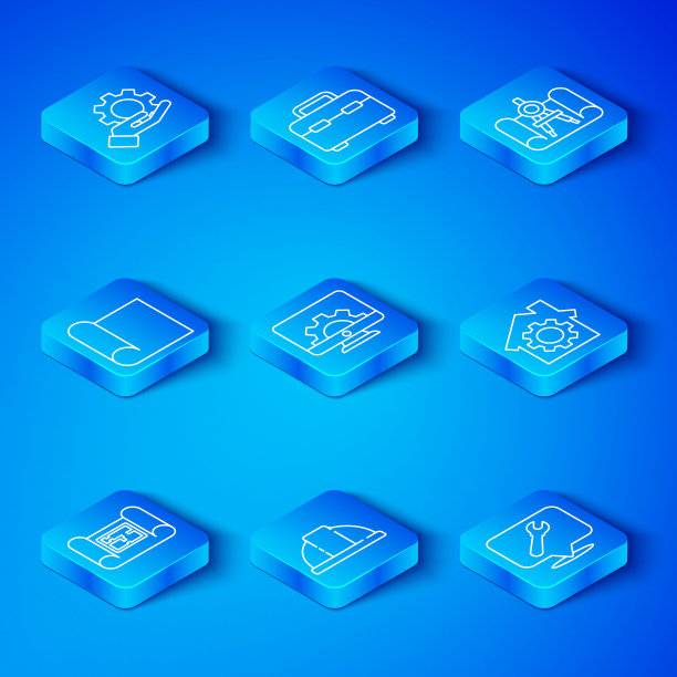 设置线屋平面图，电脑显示器和齿轮，工人安全帽，带，绘图纸指南针，用于工程，设置手扳手和定位扳手图标。向量图片下载