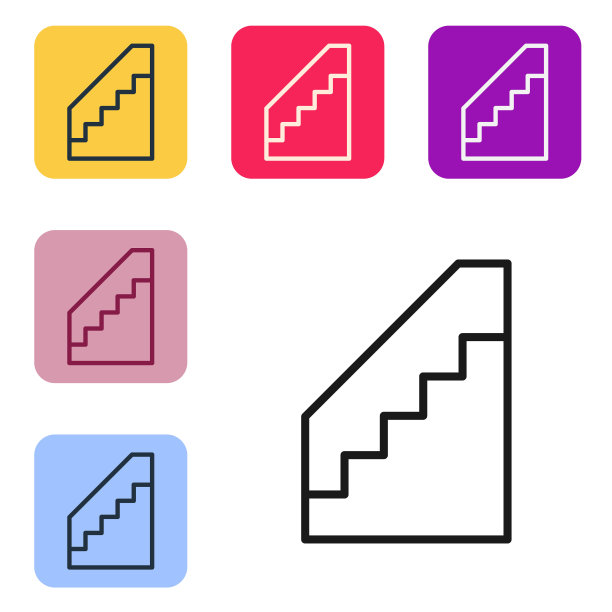 黑线楼梯上的图标孤立在白色背景。设置图标为彩色方框按钮。向量图片下载