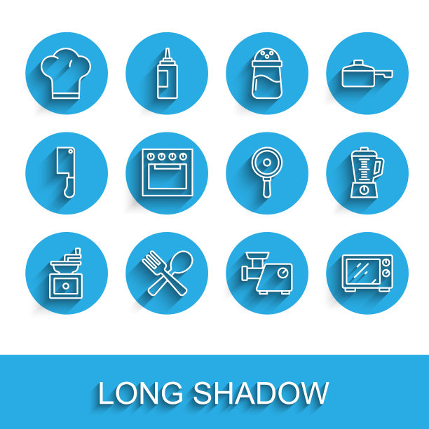 集线手动咖啡研磨机，交叉叉子和勺子，厨师帽子，厨房肉，微波炉，烤箱，搅拌机和煎锅图标。向量图片下载