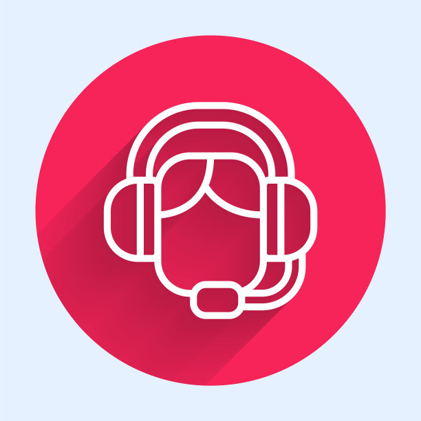 白线女子与耳机图标隔离与长阴影。与操作员保持联系。呼叫中心、客户支持服务的概念。红色圆圈按钮。向量图片下载