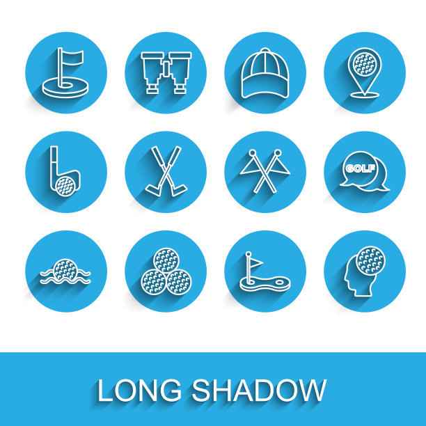 设置线高尔夫球在水中，洞与旗帜，交叉高尔夫球杆，标签和图标。向量图片下载