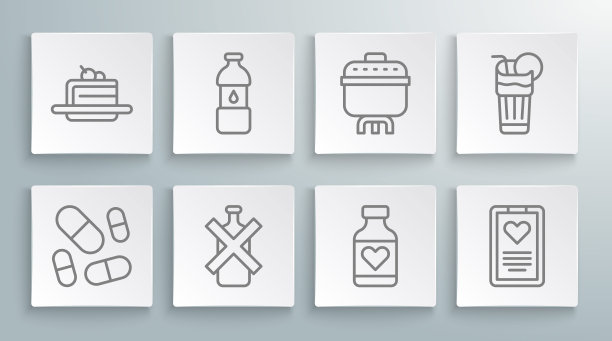 设置线维生素药片，瓶装水，不含酒精，医疗剪贴板，烹饪锅，新鲜的冰沙和蛋糕图标。向量图片下载