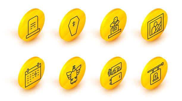 集线招牌墓碑，火葬场，圣诞天使，日历死亡，哀悼相框，墓与，棺材十字架和图标。向量图片下载