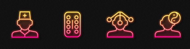 设置催眠线，男医生，镇静药片和阴阳符号。发光的霓虹灯图标。向量图片下载