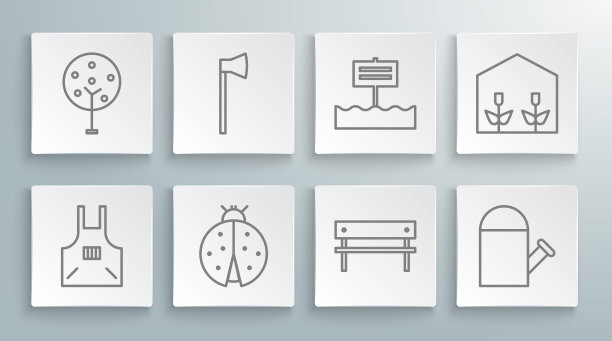 集线厨房围裙，木斧头，瓢虫，板凳，浇水罐，空白木招牌板，家庭温室和植物和树图标。向量图片下载