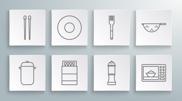 设置线烹饪锅，盘子，打开火柴盒和火柴，胡椒，微波炉，叉子，厨房滤器和食物筷子图标。向量图片下载