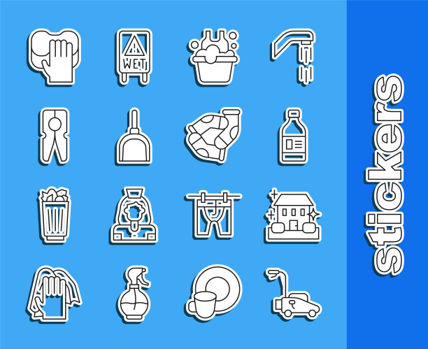 设置线割草机，家庭清洁服务，瓶为代理，盆与肥皂泡沫，簸箕，衣服别针，清洁和袜子图标。向量图片下载