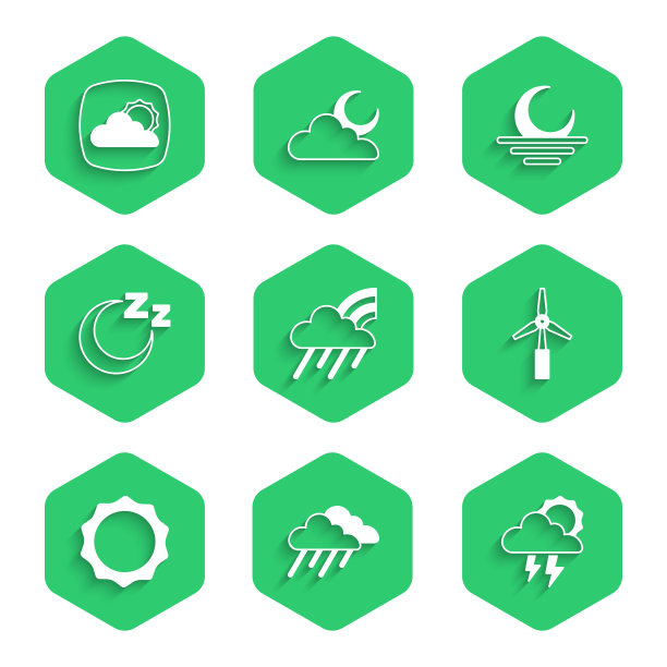 设置彩虹云和雨，云，风暴，风力发电机，太阳，时间睡眠，日落和天气预报图标。向量图片下载