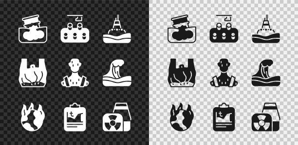 设置桶石油泄漏，森林砍伐，浮筒海上，全球变暖火灾，核电站，说不塑料袋海报和人体温度高图标。向量图片下载