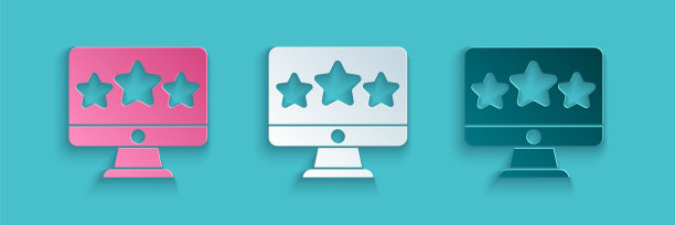 剪纸五星客户产品评级评论图标孤立在蓝色背景上。最受欢迎，最佳评分，奖励标志。纸艺术风格。向量图片下载