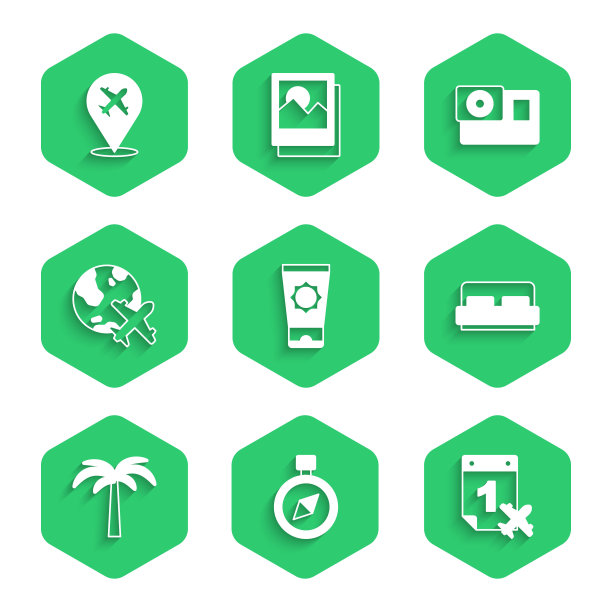 设置防晒霜管，指南针，日历和飞机，酒店房间床，热带棕榈树，飞行的地球仪，动作相机和飞机图标。向量图片下载