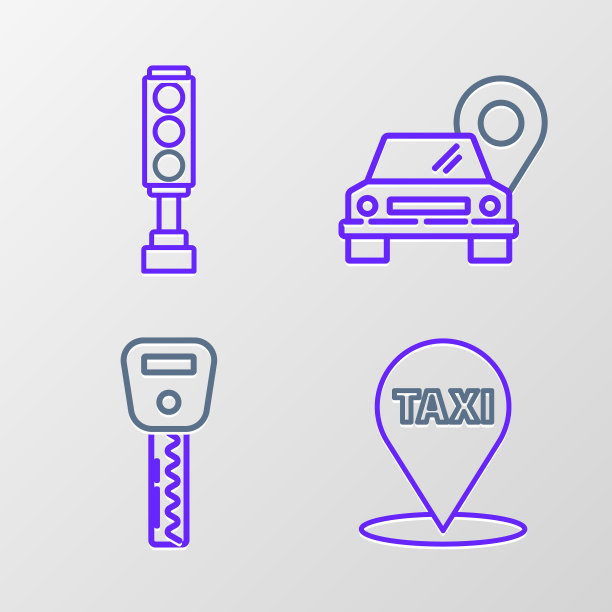 设置路线地图指针与出租车，汽车钥匙，和红绿灯图标。向量图片下载