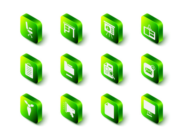 设置办公桌、图表板、身份卡、信封、电脑显示器、文件图表、文件文件和扩音器图标。向量图片下载