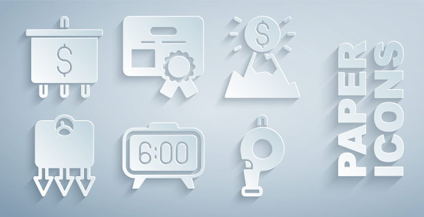 设置数字闹钟，山与旗帜，减肥，哨子，证书模板和目标美元图标。向量图片下载