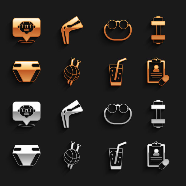 集纱线球与针织针，哑铃，医疗处方，玻璃水，成人尿布，眼镜，祖父和骨痛图标。向量图片下载