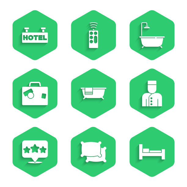 设置浴缸，枕头，酒店房间床，礼宾，五星评级评论，手提箱，淋浴和招牌文本图标。向量图片下载