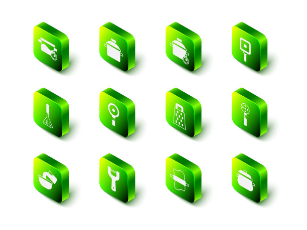 在面团和蔬菜削皮器图标上设置烹饪锅，煎锅，锅铲，磨丝器，擀面杖。向量图片下载