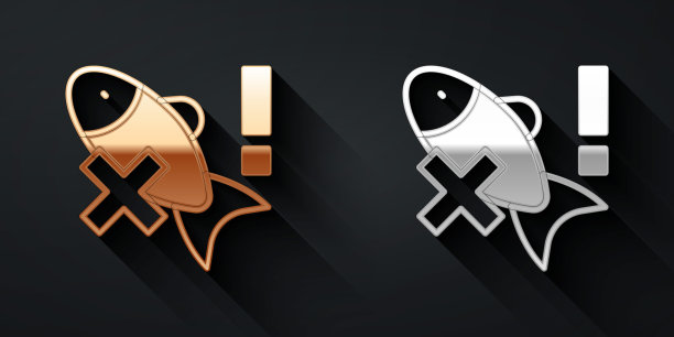 金和银没有鱼图标孤立的黑色背景。长阴影风格。向量图片下载