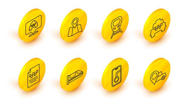 设置线路位置与出租车，城市地图导航，高铁，出租车驾照，汽车，折叠位置和图标。向量图片下载