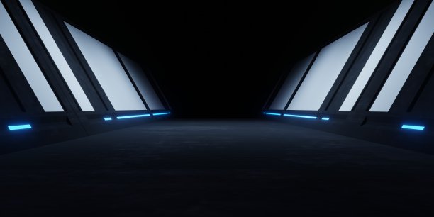 三维渲染飞船走廊蓝色霓虹灯发光走廊黑暗背景。广告、展厅、技术、未来、现代、体育、游戏、元世界的场景。科幻插画。产品显示图片下载
