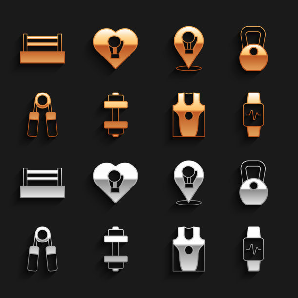 哑铃，重量，智能手表与心脏，拳击运动衫和t恤，运动膨胀器，手套，戒指和图标。向量图片下载