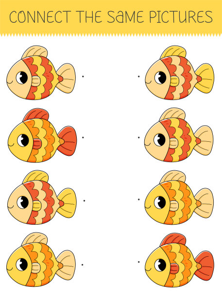 连接相同的图片游戏与卡通金鱼。孩子们的游戏，可爱的鱼。矢量插图。图片下载