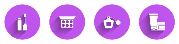 设置睫毛刷，化妆粉与镜子，香水和膏霜乳液化妆管图标与长阴影。向量图片下载