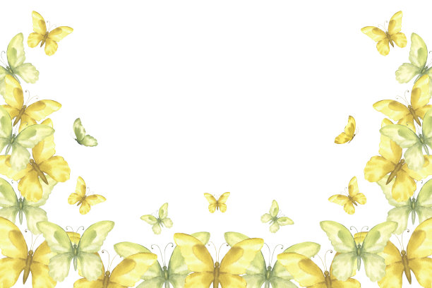 水彩画上精致的绿色和黄色蝴蝶在溪流中飞舞。用于画框、横幅、明信片、证书的设计和装饰图片下载