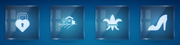 设置城堡在心形，村庄景观，芙蓉德丽丝和女人鞋。方形玻璃面板。向量图片下载