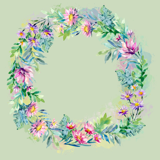一个水彩画的花环，粉红色的花朵在绿色的背景图片下载